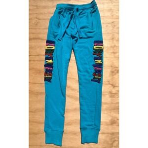 Glo Gang Glory University Sweatpants Blue Chenille Embroidery Zipper Cuffs Small